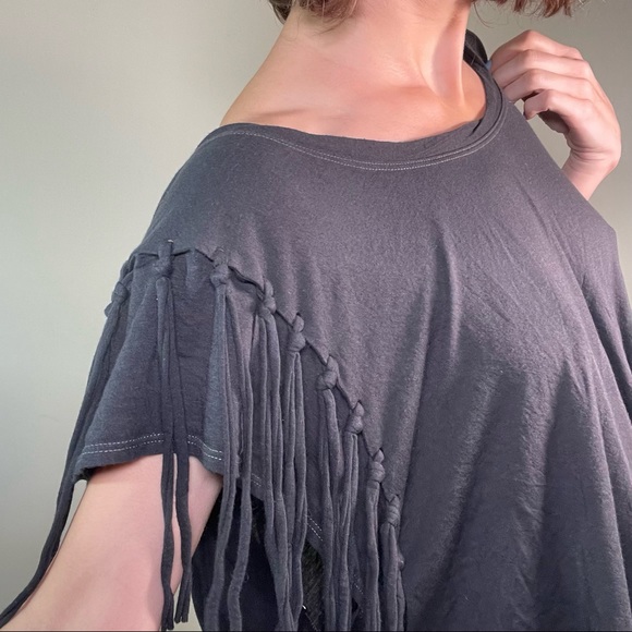 Free People Off Black Fringe Slouchy Soft Stretchy Tee Tunic - Picture 12 of 16